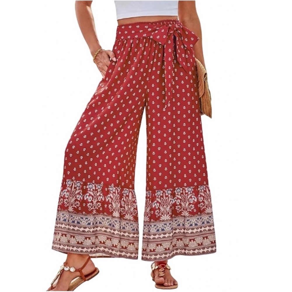 Grace Karin Palazzo Pants Womens L Red New Boho Wide Leg Floral Ruffle Smocked